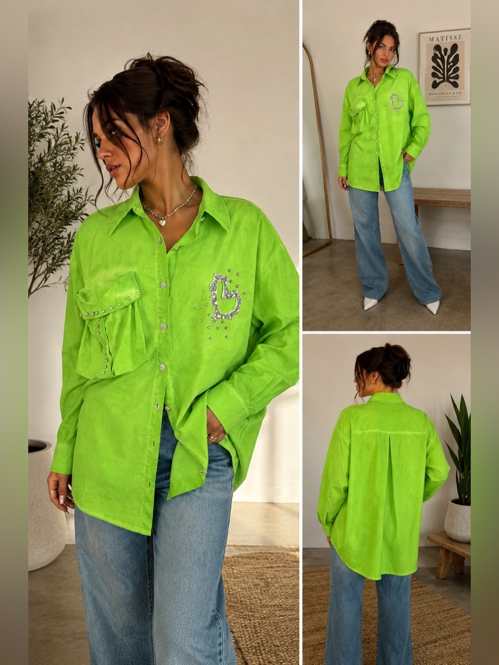 JJ Fairyland Lime‎ Green Rhinestone Heart Button Up Shirt Y2K Glam Blouse